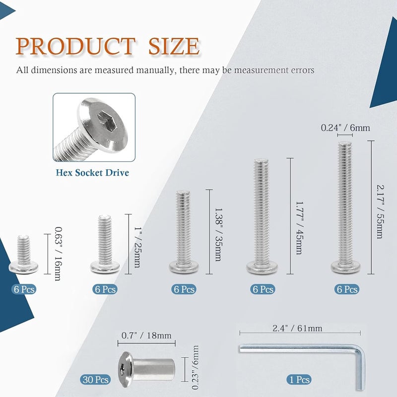 Jersvimc 30 Sets M6x16/25/35/45/55mm Hex Drive Socket Cap Bolt Kit with Allen Wrench, Silver Furniture Connector Bolts M6 Countersunk Screw Barrel Nuts Binding Screws for Cabinet - Image 3